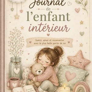 May include: A book titled Journal de l'enfant intérieur featuring a soft-toned illustration of a person hugging a teddy bear. The cover includes a smiling cloud, a star-shaped pillow, a lit candle, a mug, a jar of flowers, and an open book with text.