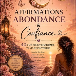 Peut inclure: Une couverture de livre intitulée AFFIRMATIONS ABONDANCE & Confiance avec une vue sur l'océan au coucher du soleil, une personne aux longs cheveux, une lanterne suspendue, des fleurs roses et deux croissants de lune. Le texte inclut 40 CLÉS POUR TRANSFORMER TA VIE DE L'INTÉRIEUR et Écrit par Vanessa G.