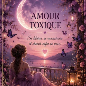 Peut inclure: Une couverture de livre montrant une personne en robe violette assise sur un balcon face à un lac au coucher du soleil. Le texte indique AMOUR TOXIQUE, Se libérer, se reconstruire et choisir enfin sa paix. L'image inclut un croissant de lune, des papillons violets, des lanternes et des roses roses, le tout encadré par une bordure dorée.
