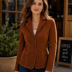 May include: A tobacco brown suede blazer featuring a notched lapel, three front buttons, and two side pockets. The jacket is worn over a simple white top and paired with dark blue denim jeans, creating a structured and classic appearance.