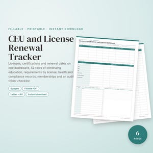 Op de afbeelding: Een CEU- en licentieverlengingstracker met een dashboard voor licenties, certificeringen en verlengingsdata. De invulbare PDF bevat 6 pagina's met tabellen voor het bijhouden van permanente educatie, vereisten en audit-checklists in A4-formaat.