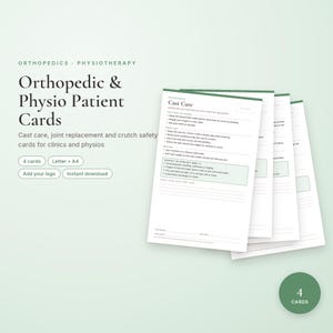 Tarjetas de información para pacientes ortopédicos, instrucciones para el cuidado del yeso, folleto sobre reemplazo de rodilla y cadera, guía de muletas, PDF de fisioterapia