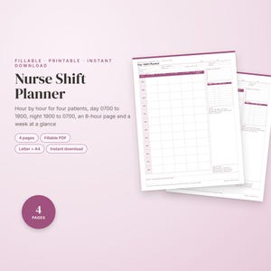 May include: A digital nurse shift planner document with dark purple text and grid lines. The page features sections for hour-by-hour tracking for four patients, day and night shift schedules, and a weekly overview. The text reads Nurse Shift Planner.