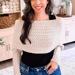 CROCHET PATTERN + VIDEO + App, Wheat Stitch™ Sweater Scarf, 9 Sizes xs-5x Plus Size, Scarf with Sleeves, Womens Shrug, Instant Download