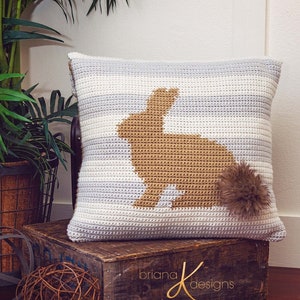 May include: A crocheted pillow with a brown bunny silhouette on a white and gray striped background. The bunny has a fluffy brown tail.