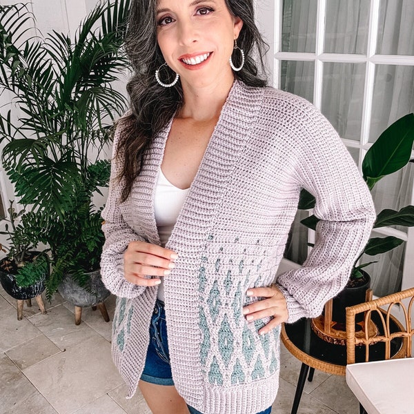 Mosaic Crochet Cardigan Pattern - Seabird Cardigan is Size-inclusive XS-5X, PDF includes guided diagrams, a mosaic chart, and video tutorial