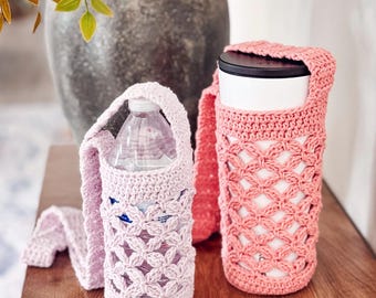 CROCHET PATTERN + VIDEO Circle Leaf Crochet Water Bottle Holder Pattern, Easy Diy Drink Carrier, Easy crochet project for markets and gifts.