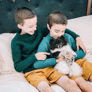 May include: Two boys sitting on a bed, one holding a small black and white dog. The boy on the left is wearing a green sweater and the boy on the right is wearing a blue sweater and yellow shorts.