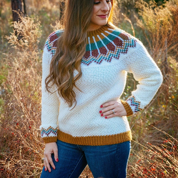 CROCHET PATTERN + VIDEO Traveler Fair Isle Crochet Sweater, xs to 5x sizes, Pullover Crochet Colorwork Pattern, Video Tutorial Incl.