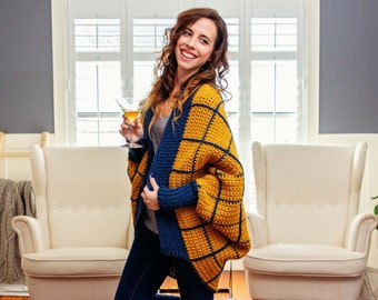 Windowpane Cocoon Crochet Wrap Instant Download Pattern, Easy Crochet Pattern, Women's Winter Accessory Fashion Jacket