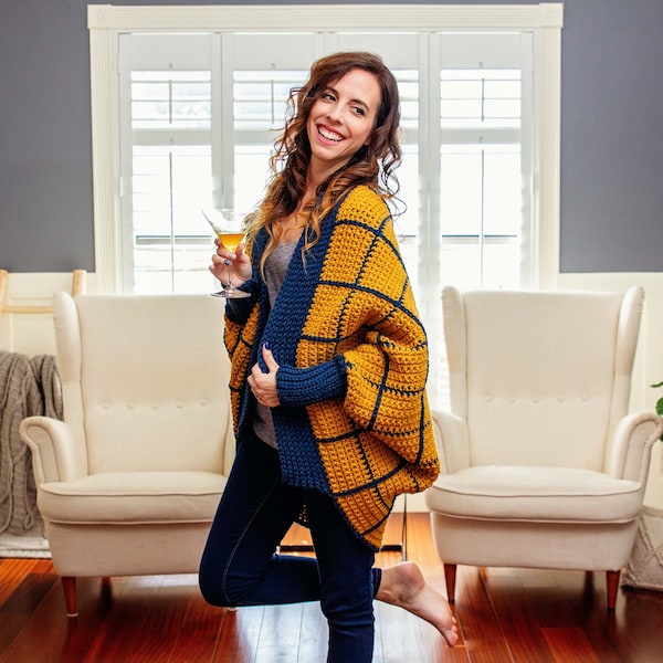 CROCHET PATTERN + VIDEO Windowpane Cocoon Crochet Wrap, Easy Crochet Pattern, Women's Winter Accessory Fashion Jacket
