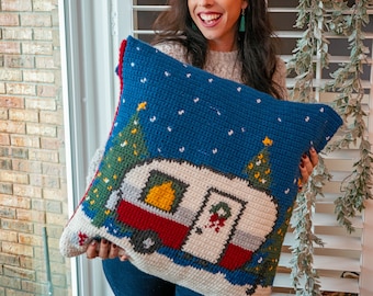 Camper Holiday Pillow Cover Christmas Decor, Instant Download PDF CROCHET Pattern, Includes Chart, Holiday Decor Crochet Pattern