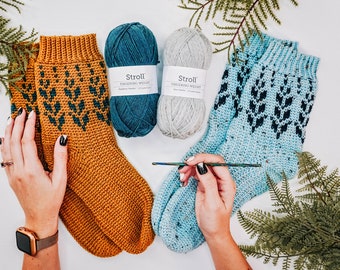 CROCHET PATTERN + VIDEO Vine Colorwork Crochet Sock Pattern, Easy to follow crochet pattern with video, footwear fashion, colorwork crochet