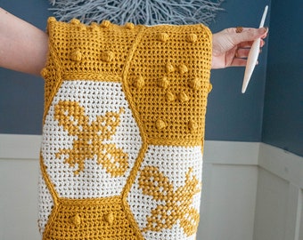 Honey Bee Crochet Blanket Instant Download PDF Pattern, Home Decor, Hexagon Quilt Style Crochet