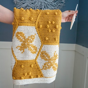 Honey Bee Crochet Blanket Instant Download PDF Pattern, Home Decor, Hexagon Quilt Style Crochet