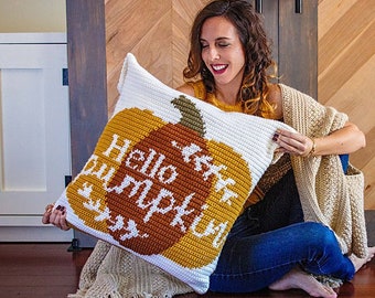 Hello Pumpkin Crochet Pillow Cover Home Decor, Instant Download PDF Pattern, Includes Chart, Holiday Fall Decor Crochet Pattern