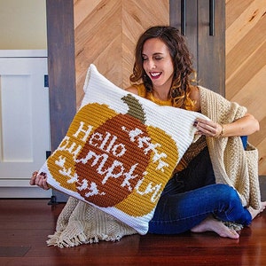 Hello Pumpkin Crochet Pillow Cover Home Decor, Instant Download PDF Pattern, Includes Chart, Holiday Fall Decor Crochet Pattern