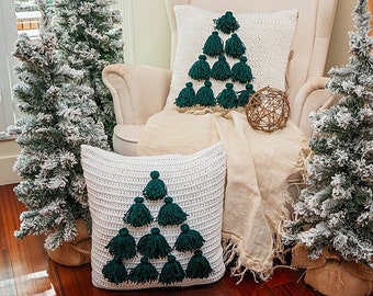 Tree Tassel Knit & Crochet Pillow Pattern Christmas Decor, Instant Download PDF Pattern, Includes Chart, Holiday Decor Crochet Knit Pattern