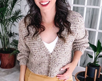 Finch Easy V-Neck Crochet Cardigan Pattern - Crochet flat with 2 seams. Size-Inclusive, guided diagrams, stitch chart, & video tutorial.