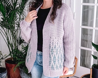 Mosaic Crochet Cardigan Pattern - Seabird Cardigan is Size-inclusive XS-5X, PDF includes guided diagrams, a mosaic chart, and video tutorial