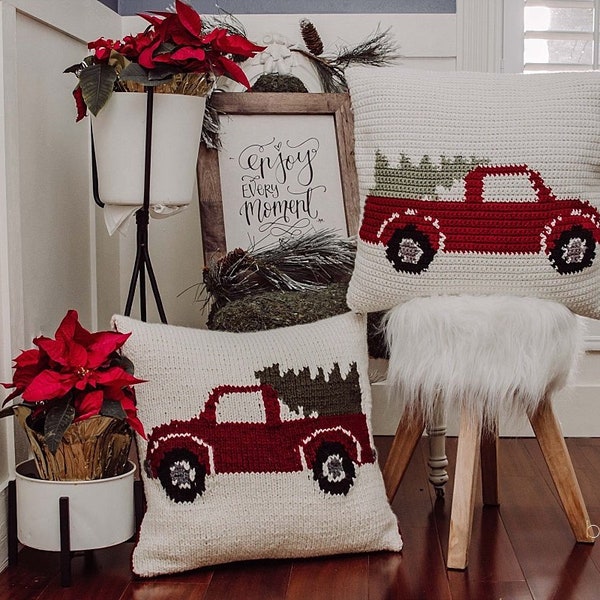 Farmhouse Truck Knit Pillow Cover Christmas Decor, Instant Download PDF Pattern, Includes Chart, Holiday Decor Knit Pattern