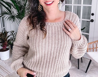 Beginner Crochet Pullover Pattern - The Dove Crochet Sweater is constructed flat with only two seams. Size-inclusive with a video tutorial.