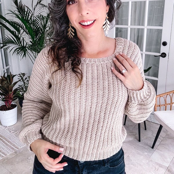 Beginner Crochet Pullover Pattern - The Dove Crochet Sweater is constructed flat with only two seams. Size-inclusive with a video tutorial.