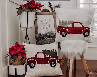 KNIT PATTERN Farmhouse Truck Knit Pillow Cover Christmas Decor, Instant Download PDF Pattern, Includes Chart, Holiday Decor Knit Pattern