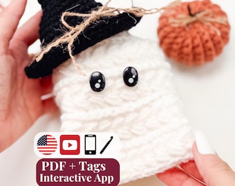 CROCHET PATTERN + VIDEO + App, Wheat Stitch™ Ghost Amigurumi, Halloween Home Decor, Spooky Cute Softie Plushie, Gift, Instant Download