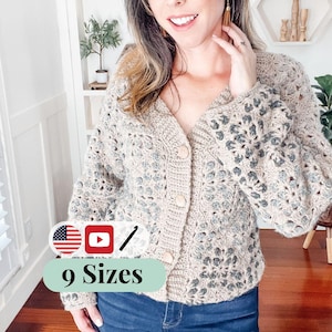CROCHET PATTERN + VIDEO Crochet Granny Square Cardigan & Sweater Pattern in Sizes xs to 5X and Includes a Video Tutorial + Charts