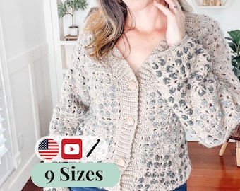 CROCHET PATTERN + VIDEO Crochet Granny Square Cardigan & Sweater Pattern in Sizes xs to 5X and Includes a Video Tutorial + Charts