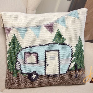 CROCHET PATTERN Camper Crochet Pillow Cover Home Decor, Instant Download PDF Pattern, Includes Chart, Holiday Decor Crochet Pattern