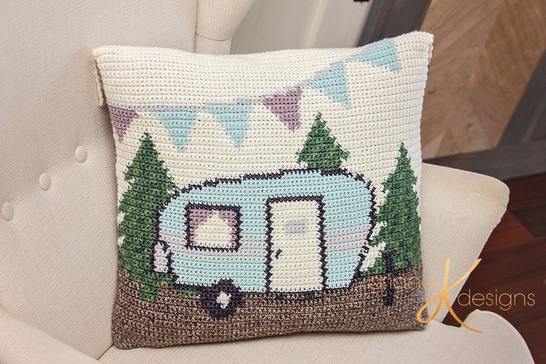 Camper Crochet Pillow Cover Home Decor, Instant Download PDF Pattern, Includes Chart, Holiday Decor Crochet Pattern image 1