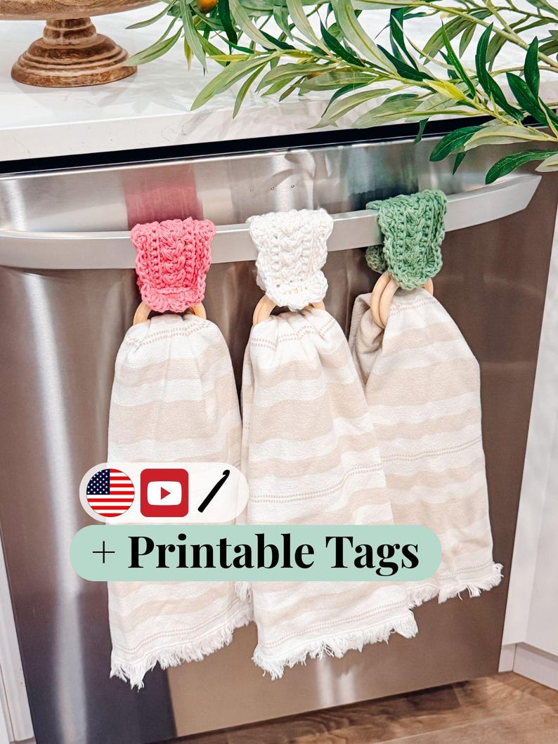 CROCHET PATTERN + VIDEO Crochet Dishtowel Holder Pattern, Wheat Stitch™ Scalloped Towel Holder, Kitchen Crochet, Hanging Towel Holder Decor image 1