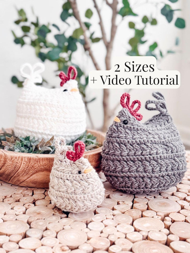 Three crochet chickens in white, oatmeal, and gray sitting on wood slices, with text noting two sizes and a video