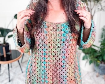 CROCHET PATTERN + VIDEO Classic Granny Crochet Dress Pattern. Extra Bonus Guide to use any weight of yarn. Includes color inspiration.