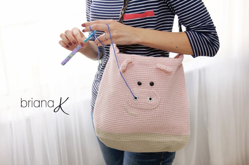 Pig Crafter Bag Crochet PATTERN, Purse, Tote, Instant Download image 3