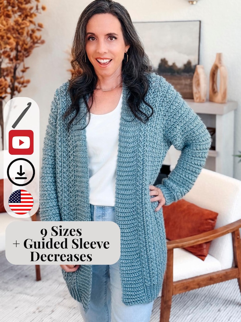 May include: A woman wearing a long, open-front, teal-colored crochet cardigan. The cardigan has a ribbed texture and is paired with a white top and blue jeans. Text on the image reads "9 Sizes + Guided Sleeve Decreases".