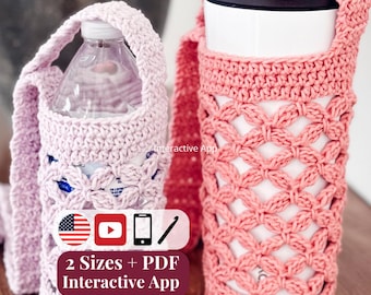 CROCHET PATTERN + VIDEO + App, Circle Leaf Water Bottle Holder, Beginner Friendly Drink Carrier, Boho Sling Bag, Gift, Instant Download