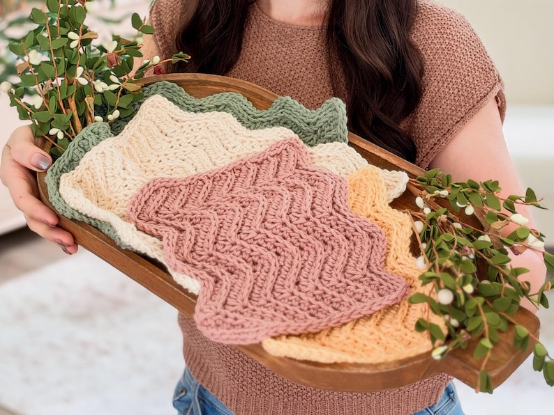 Ripple Crochet Blanket and Ripple Crochet Washcloth patterns by Briana K Designs, chevron zigzag blanket with cotton washcloths