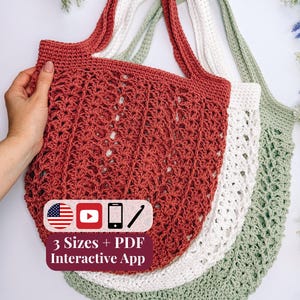 CROCHET PATTERN + VIDEO Willow Mesh Crochet Market Bag Pattern, Easy Reusable Tote, Beginner Crochet Bag, Lightweight Grocery Bag, 3 Sizes