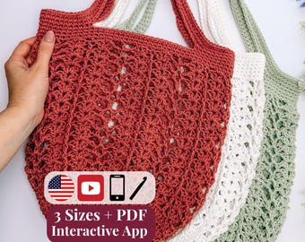 CROCHET PATTERN + VIDEO + App, Willow Mesh Market Bag, 3 Sizes, Easy Reusable Grocery Tote, Beginner Net String Produce, Instant Download