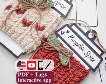 CROCHET PATTERN + VIDEO & Printable. Wheat Stitch™ Pumpkin Coffee Cup Cozy Crochet Pattern Fall Mug Sleeve Pdf Easy Cute Pumpkin Cozy