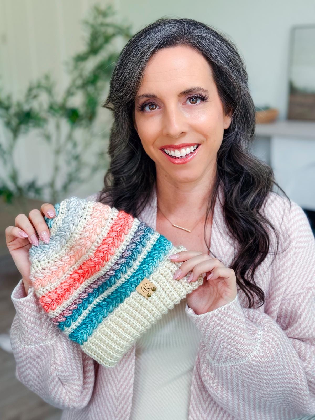 Handmade Beanie in blue Jean color and Crochet Wheat stitch puff design. Wheat stitch crochet beanie in blue main image 3