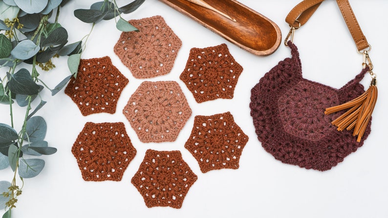 A handmade crocheted bag with eucalyptus leaves, perfect as a unique and vintage-inspired accessory.