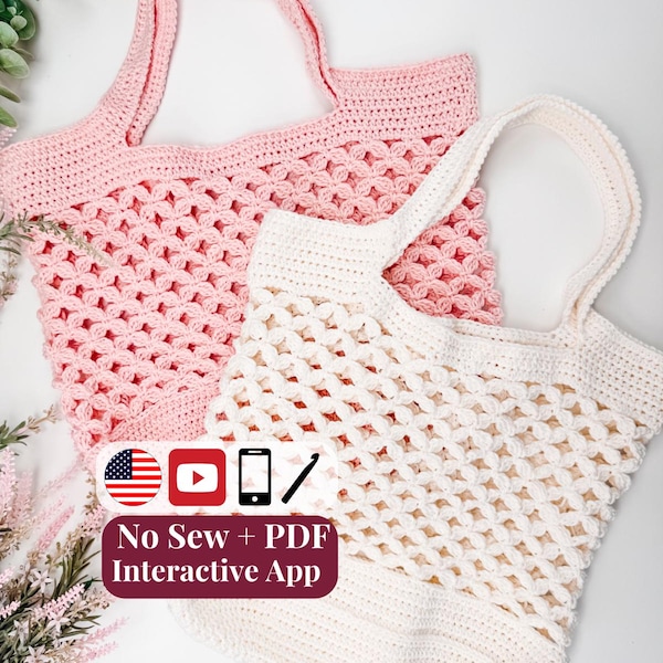 CROCHET PATTERN + VIDEO + App, Circle Leaf Market Bag, Reusable Eco Tote, Seamless Handles, Boho Beach Grocery Shopper, Instant Download