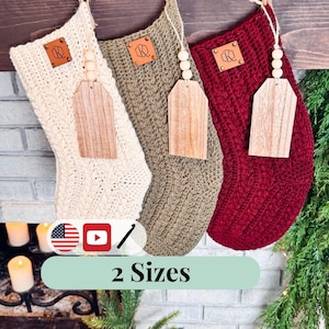 CROCHET PATTERN + VIDEO Festive Wheat Stitch™ Crochet Stocking Pattern 2 Sizes with Video Tutorial. Puff Stitch Holiday Home Decor
