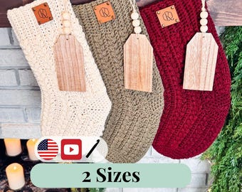 CROCHET PATTERN + VIDEO Festive Wheat Stitch™ Crochet Stocking Pattern 2 Sizes with Video Tutorial. Puff Stitch Holiday Home Decor