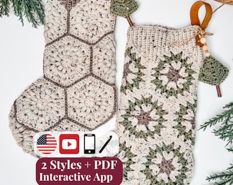 May include: Two crochet Christmas stockings featuring hexagonal motifs in cream, brown, and sage green yarn. Each stocking has a leather hanging loop, wooden beads, and a small crochet charm. Text on the image reads: 2 Styles + PDF Interactive App.