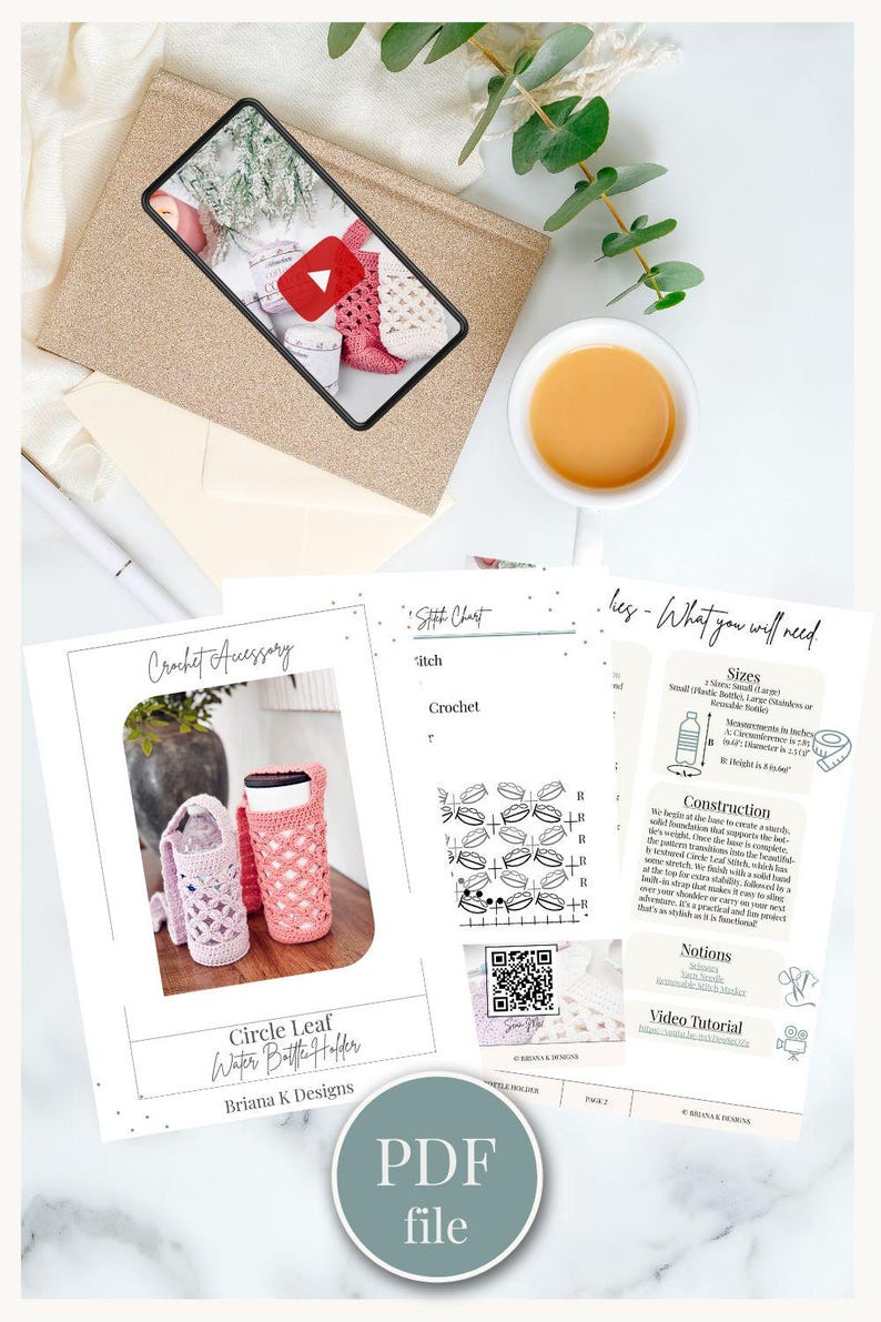 Puede incluir: Un patr&oacute;n PDF digital para un portabotellas de ganchillo titulado Circle Leaf Water Bottle Holder de Briana K Designs. El documento incluye un gr&aacute;fico de puntos, instrucciones de construcci&oacute;n y un c&oacute;digo QR para un tutorial en video. Especifica tama&ntilde;os para botellas peque&ntilde;as y grandes con medidas en cm.